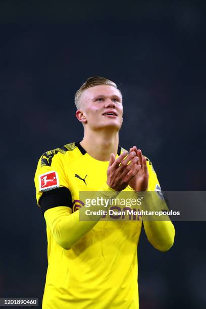 Erling Haaland of Borussia Dortmund thanks the fans after victory in the Bundesliga match between Borussia Dortmund and 1. FC Koeln at Signal Iduna...