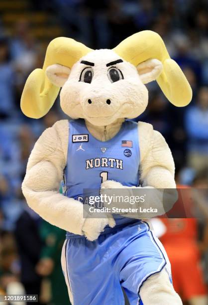 General view of the mascot of the North Carolina Tar Heels during their game against the Miami Hurricanes at Dean Smith Center on January 25, 2020 in...