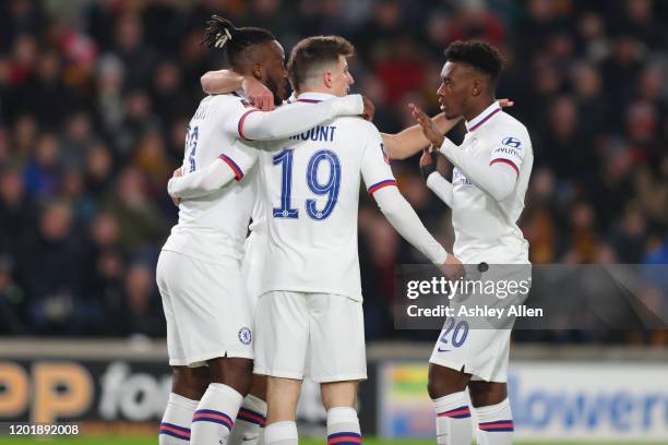 Chelsea celebrate their first goal during the FA Cup Fourth Round match between Hull City and Chelsea at KCOM Stadium on January 25, 2020 in Hull,...