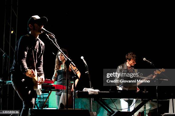 Enzo Moretto, Ilaria D'Angelis and Paolo Iocca of A Toys Orchestra perform at Vulcanica Live Festival in Rionero in Vulture on July 31, 2011 in...