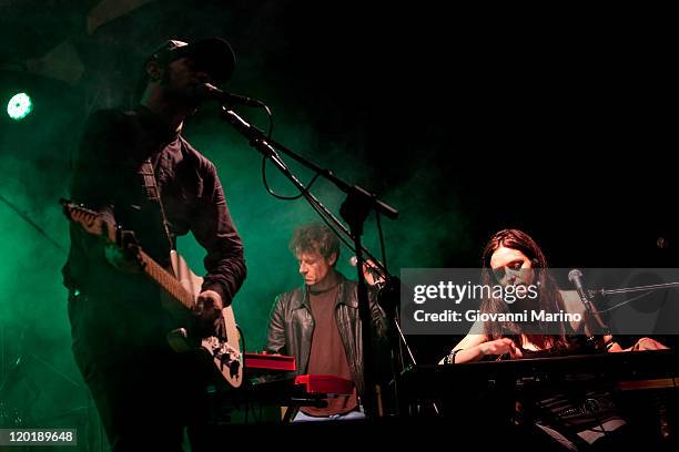 Paolo Iocca, Enzo Morretto and Ilaria D'Angelis of A Toys Orchestra perform at Vulcanica Live Festival in Rionero in Vulture on July 31, 2011 in...
