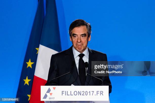 Press conference of François Fillon at his campaign headquarters when he has just been indicted on March 1 while the trial of François Fillon and...