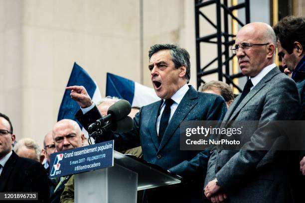 Portrait of François Fillon during his &quot;Grand Rassemblement Populaire&quot; on the Trocadero square in Paris on March 5 while the trial of...