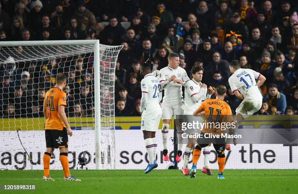 Kamil Grosicki of Hull City scores his team's first goal during the FA Cup Fourth Round match between Hull City FC and Chelsea FC at KCOM Stadium on...