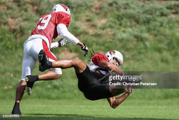 Wide receiver Larry Fitzgerald of the Arizona Cardinals makes a diving reception in the team training camp at Northern Arizona University on July 31,...