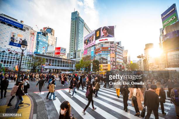 bekijk shibuya crossing bij zonsondergang tokio 2020 japan - tokio kanto stockfoto's en -beelden
