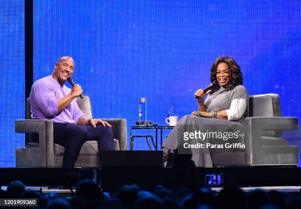 Dwayne Johnson and Oprah Winfrey onstage during Oprah's 2020 Vision: Your Life in Focus Tour presented by WW at State Farm Arena on January 25, 2020...