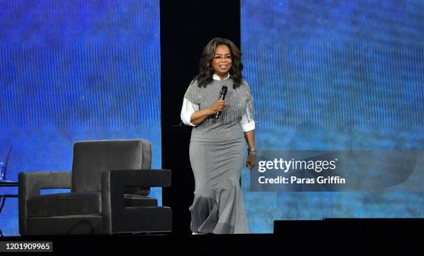 Oprah Winfrey arrives onstage during Oprah's 2020 Vision: Your Life in Focus Tour presented by WW at State Farm Arena on January 25, 2020 in Atlanta,...