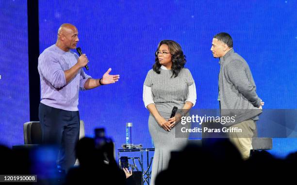 Dwayne Johnson, Oprah Winfrey, and Erik Pimentel onstage during Oprah's 2020 Vision: Your Life in Focus Tour presented by WW at State Farm Arena on...