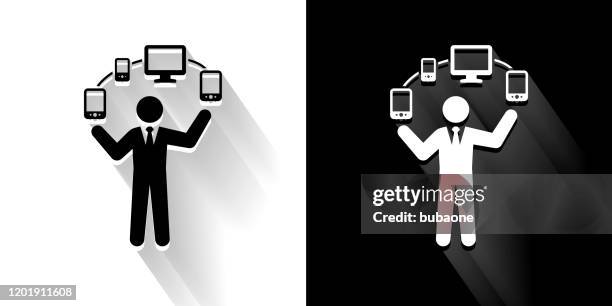 computer networking black and white icon with long shadow - multiple mobile devices stock illustrations