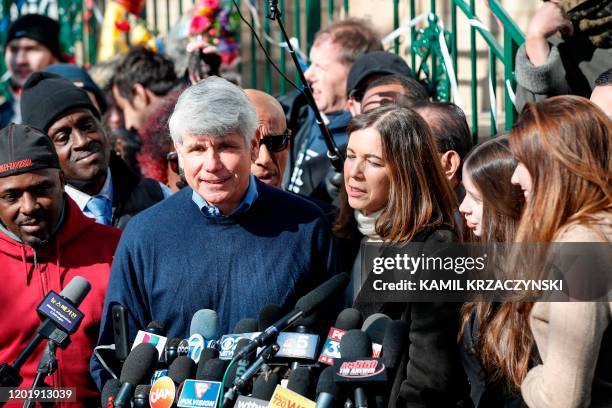 Former Illinois governor Rod Blagojevich smiles as he speaks next to his wife Patricia Blagojevich outside of their house on February 19, 2020 in...
