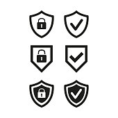 Shield with security and check mark icon on white background.