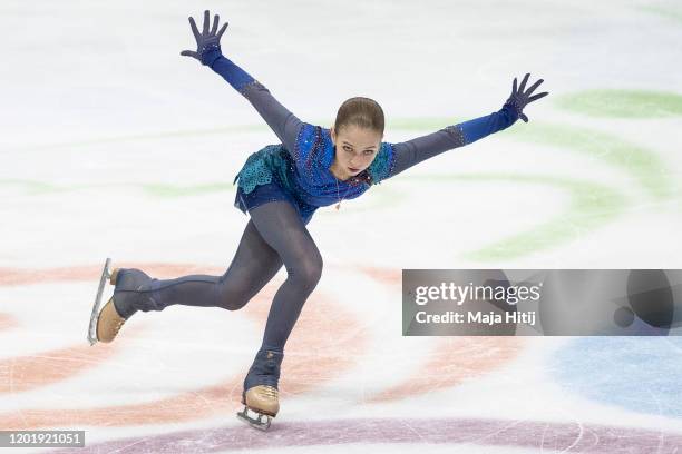 Alexandra Trusova of Russia competes in the Ladies Free Skating during day 4 of the ISU European Figure Skating Championships at Steiermarkhalle on...