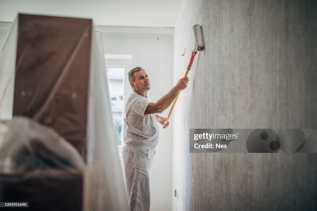 The painter is making new flats, painting the walls