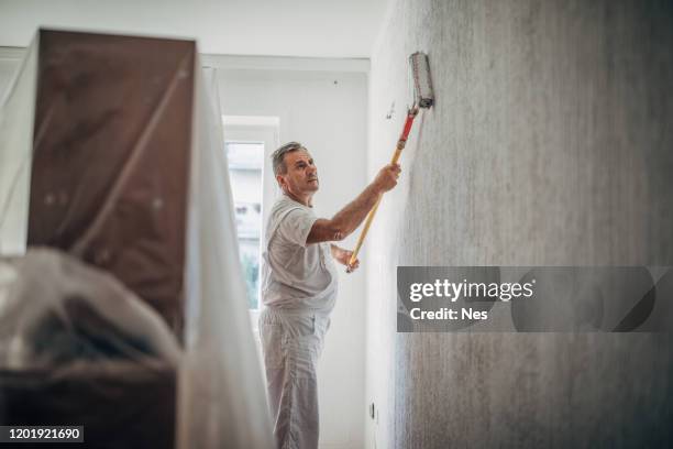 the painter is making new flats, painting the walls - artista stock pictures, royalty-free photos & images