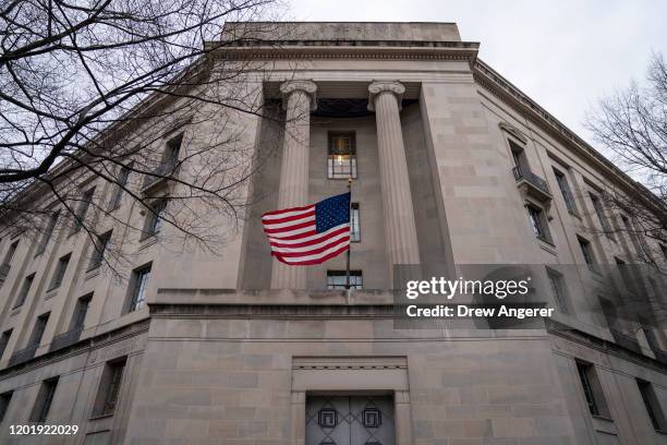 The Department of Justice headquarters stands on February 19, 2020 in Washington, DC. A Department of Justice spokesperson is denying that Attorney...