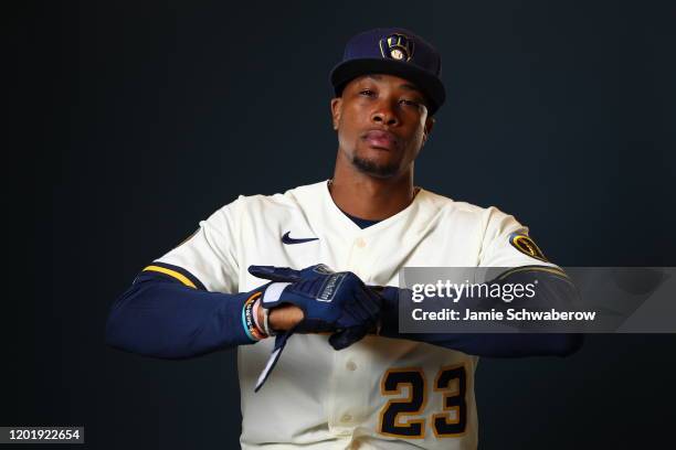 Keon Broxton of the Milwaukee Brewers poses during the Milwaukee Brewers Photo Day on February 19, 2020 in Phoenix, Arizona.