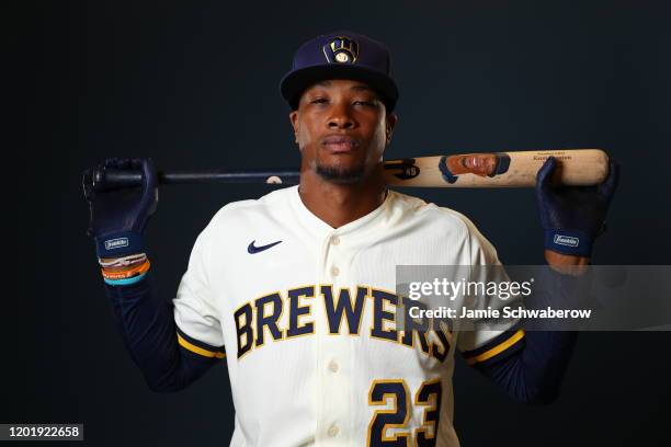 Keon Broxton of the Milwaukee Brewers poses during the Milwaukee Brewers Photo Day on February 19, 2020 in Phoenix, Arizona.