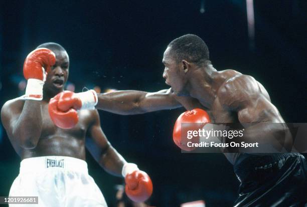 Buster Douglas and Mike Williams fight during heavyweight match on June 27, 1988 at the Convention Hall in Atlantic City, New Jersey. Douglas won the...