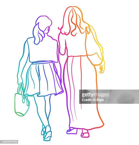shopping girls pretty skirts rainbow - length stock illustrations