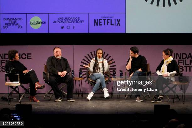 Carrie Mae Weems, Ai Weiwei, Kerry Washington, Lin-Manuel Miranda and Julie Taymor speak on stage at the 2020 Sundance Film Festival - Power Of...