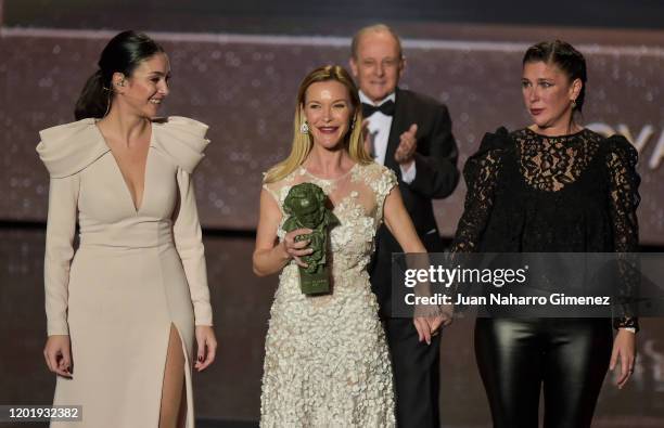 Celia Flores, Maria Esteve and Tamara Esteve holds the Honorific Award to Pepa Flores attend the 34th edition of the 'Goya Cinema Awards' ceremony at...