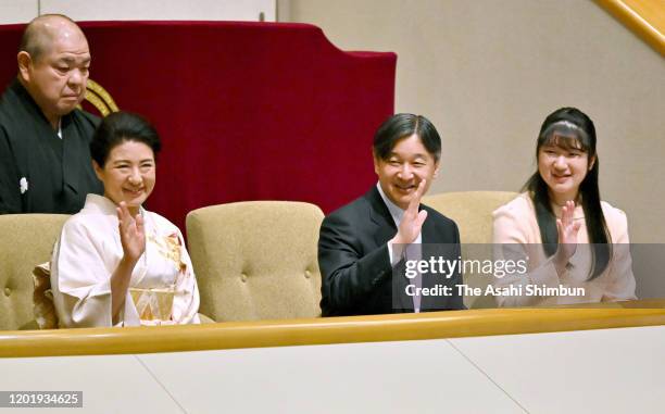 Empress Masako, Emperor Naruhito and Princess Aiko watch bouts on day fourteen of the Grand Sumo New Year tournament at Ryogoku Kokugikan on January...