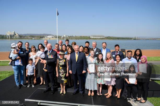 New Australians pose with Governor General David Hurley, Mrs Linda Hurley, and Prime Minister Scott Morrison at the citizenship ceremony at Lake...
