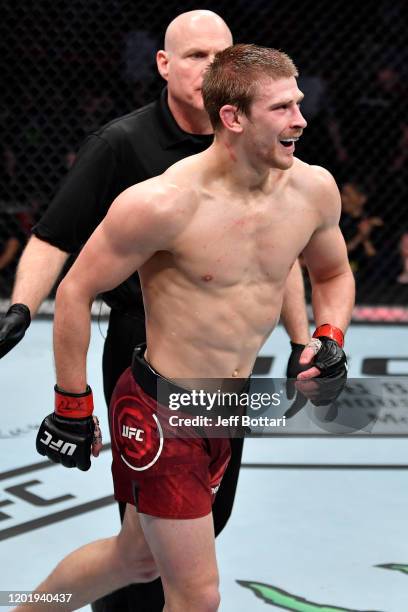 Arnold Allen of England reacts after the conclusion of his featherweight bout against Nik Lentz during the UFC Fight Night event at PNC Arena on...