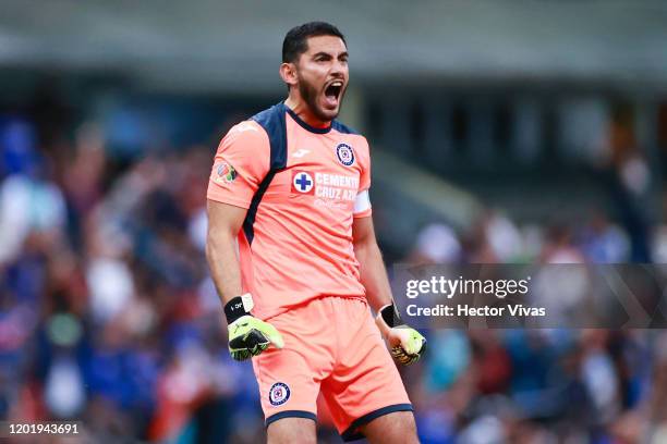 Jesus Corona of Cruz Azul celebrates after the third goal of his team during the 3rd round match between Cruz Azul and Santos Laguna as part of the...