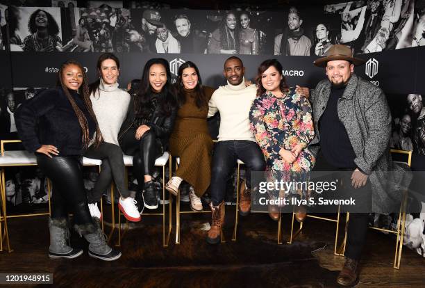 Aaliyah Williams, Teri Weinberg, Monica Macer, Eva Longoria, America Ferrera, Charles King, Linda Yvette Chavez and Marvin Lemus pose during MACRO...