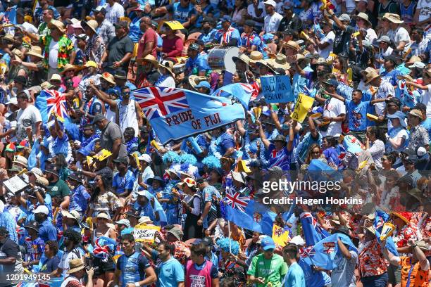 Fiji fans show their support during the match between Fiji and Argentina at the 2020 HSBC Sevens at FMG Stadium Waikato on January 26, 2020 in...