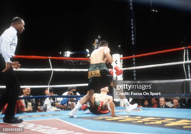 Oscar De La Hoya and Rafael Ruelas fight for the WBO and IBF lightweight titles on May 6, 1995 at the Coliseo Rubén Rodríguez in Bayamón, Puerto...