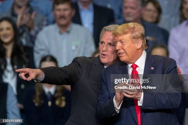 House Minority Leader Kevin McCarthy and U.S. President Donald Trump attend a legislation signing rally with local farmers on February 19, 2020 in...