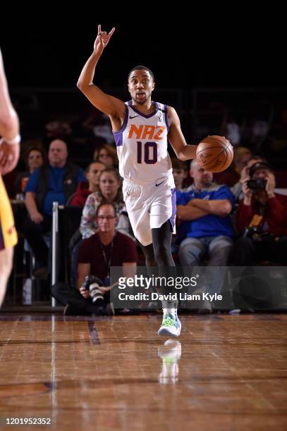 Canton, OH ShawnDre Jones of the Northern Arizona Suns calls a play dribbling down court against the Canton Charge during a G League game on February...