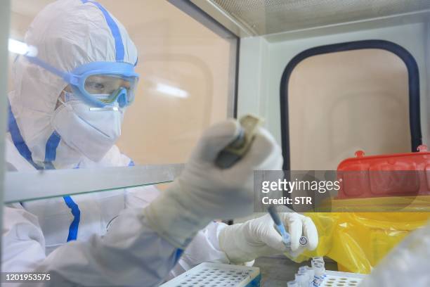 This photo taken on February 19, 2020 shows a laboratory technician testing samples of virus at a laboratory in Hengyang in China's central Henan...