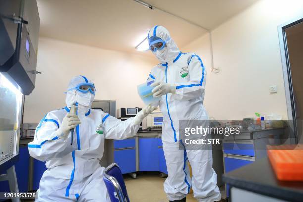 This photo taken on February 19, 2020 shows laboratory technicians testing samples of virus at a laboratory in Hengyang in China's central Henan...