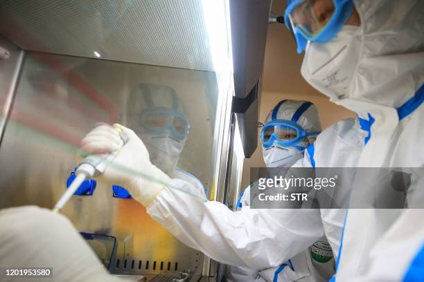 This photo taken on February 19, 2020 shows laboratory technicians testing samples of virus at a laboratory in Hengyang in China's central Henan...