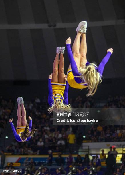 The LSU Tigers cheerleaders entertain the crowd during a game between the Kentucky Wildcats and the LSU Tigers at the Pete Maravich Assembly Center...