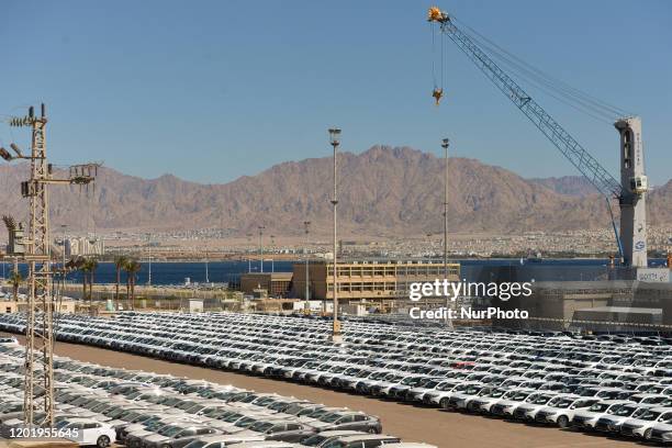 Hundreds of new cars seen in Eilat Harbor. On Monday, February 3 in Eilat, Israel.