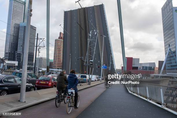 Erasmusbrug in Rotterdam, Netherlands, on February 11, 2020. Erasmus Bridge is a 800-metre long bridge which spans the Maas River and links the...