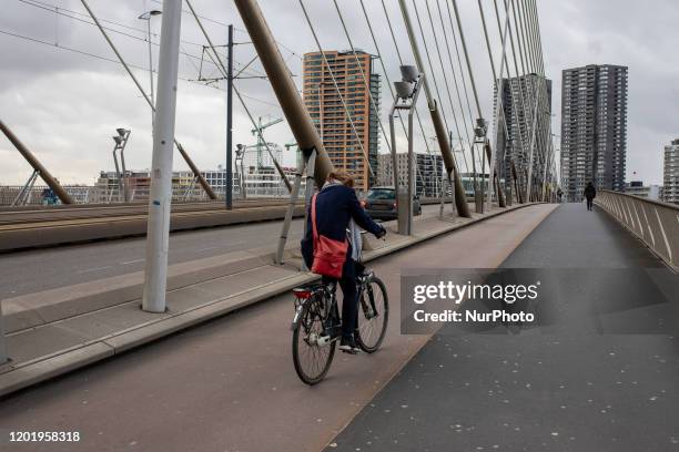 Erasmusbrug in Rotterdam, Netherlands, on February 11, 2020. Erasmus Bridge is a 800-metre long bridge which spans the Maas River and links the...