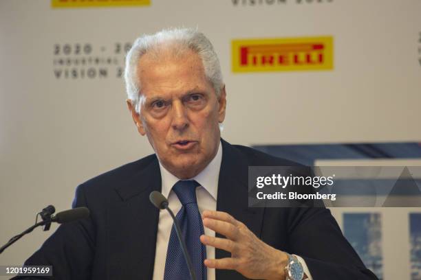 Marco Tronchetti Provera, chief executive officer of Pirelli & C. SpA, gestures as he speaks during an investor day in Milan, Italy, on Wednesday,...