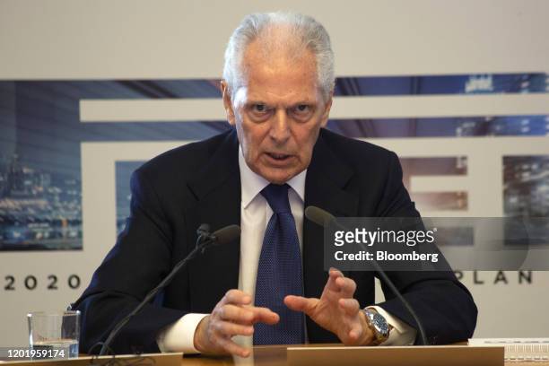 Marco Tronchetti Provera, chief executive officer of Pirelli & C. SpA, gestures as he speaks during an investor day in Milan, Italy, on Wednesday,...