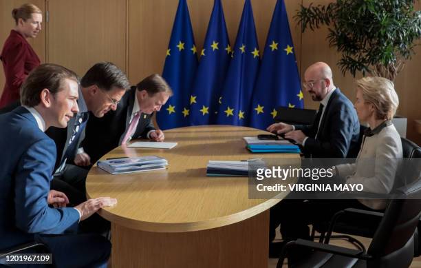 Heads of self-styled "frugal" nations Austria's Chancellor Sebastian Kurz, Netherlands' Prime Minister Mark Rutte, Sweden's Prime Minister Stefan...