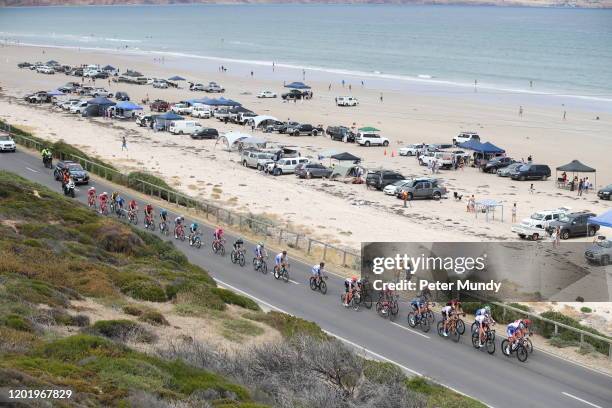 Breakaway group from the peloton on the Esplanade at Aldinga Beach at Stage 6 from McLaren Vale to Willunga Hill of the 22nd Santos Tour Down Under...