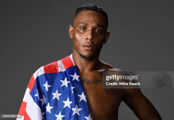 Jamahal Hill poses for a portrait backstage after his victory during the UFC Fight Night event at PNC Arena on January 25, 2020 in Raleigh, North...