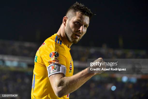 Andre-Pierre Gignac of Tigres celebrates after scoring his team's second goal during the 3rd round match between Tigres UANL and Atlas as part of the...