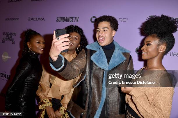 Zainab Jah, Nana Mensah, Nana Mensah, Marcus Scribner, and Jayme Lawson attend the 2020 Sundance Film Festival - "Farewell Amor" Premiere at Library...