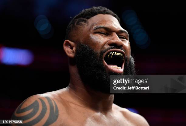 Curtis Blaydes prepares to fight Junior Dos Santos in their heavyweight fight during the UFC Fight Night event at PNC Arena on January 25, 2020 in...